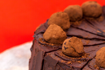 Close-up view of chocolate cake with cream 