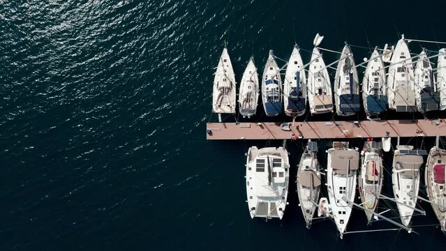 Bird's-eye view of the yachts in the marina from above