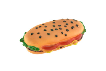 colorful rubber hot dog isolated on white background, puppy dog rubber toy that are like american fast food for relax with chewing