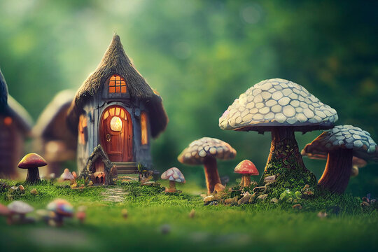 Small fantasy village, fairytale land illustration