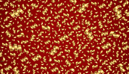 Golden serpentine confetti on red background. Vector luxury background with bright festive tinsel of gold color for banner, poster or holiday card decoration.