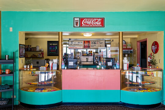 The concession stand in the historic Eltrym Theater in Baker City, Oregon, USA - June 19, 2022
