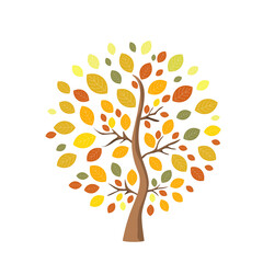 Naklejka na ściany i meble Illustration. Autumn tree with colorful leaves isolated on white background. Green, yellow, beige, red tones, autumn style. 