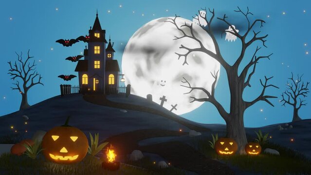 Footage for Halloween. Seamless looped video with fearful house, pumpkins, graveyard, ghosts and bats - 3D rendering
