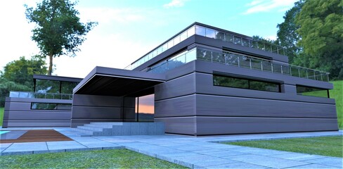 The concept of a compact futuristic private house finished with a heat-saving composite material based on carbon fiber and extruded polystyrene foam covered with a metal layer. 3d render.