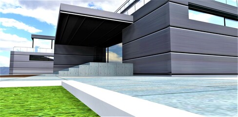 White stone curb of a footpath paved with roofed concrete slabs on a lawn on the territory of a stylish country house with a metal facade. 3d render.