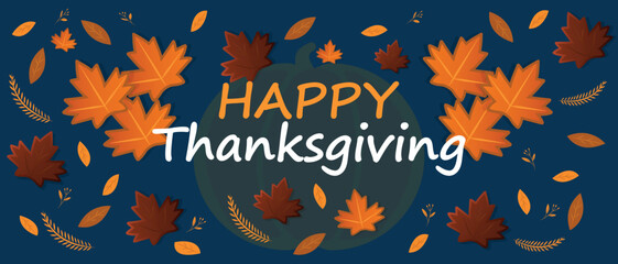 Happy Thanksgiving wish banner written with elegant calligraphic script and decorated by fallen autumn foliage. Colorful seasonal vector illustration in flat style for holiday card