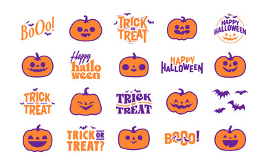 Halloween graphic elements with carved pumpkins and bats. Trick or treat, Boo and spooky designs. Halloween decoration.