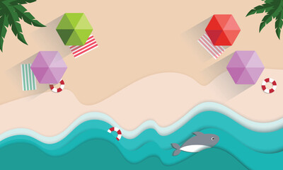 top view beach background summer with umbrellas, dolphin, rubber ring , sea. blue sea, warm beach sand. Concept of vacations vecter