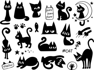 Fototapeta na wymiar Black cats silhouettes set for halloween and other design. Vector shapes of cats isolated on white background. Funny and cute kittens collection