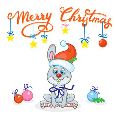 Merry Christmas! Funny gray bunny in a red cap - a symbol of the new year with glass balls, lettering and gold stars. Card in cartoon style. isolated on a white background. Vector illustration