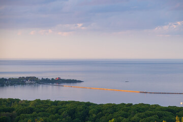 Colorful sunset and cloudscape over Marquette harbor, Michigan