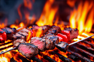 Gegrillte Fleischspieße mit gegrilltem Gemüse auf flammendem Grill