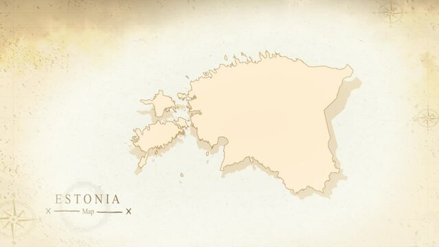 Map of Estonia in the old style, brown graphics in retro fantasy style. High quality 4K resolution.