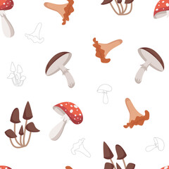 Vector seamless pattern with different mushrooms isolated
