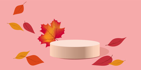 A podium for the product, a background of autumn leaves on a pink background. For an autumn sale, banner, poster, postcard.