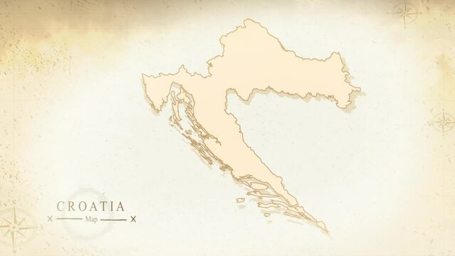 Map of Croatia in the old style, brown graphics in retro fantasy style. High quality 4K resolution.