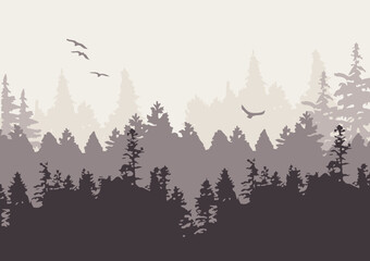 Forest silhouette background. Vector Seamless hand drawn forest.