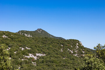 Paysage sur le Pic Saint-Loup depuis le sentier de Sauzet dans la forêt