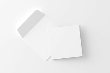 Square Folded Invitation Card With Envelope White Blank 3D Rendering Mockup