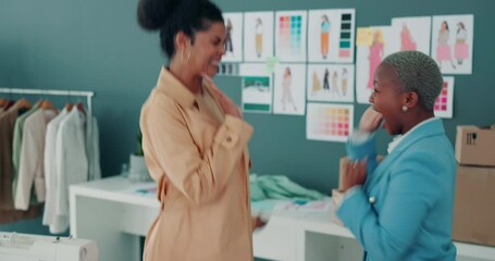 Business women, high five and tablet with fashion deal success in e commerce sales store, retail startup and logistics company. Smile, happy and excited designers with wow, winner and hug expression