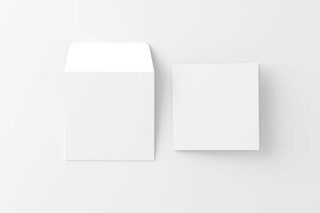 Square Folded Invitation Card With Envelope White Blank 3D Rendering Mockup