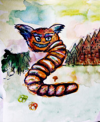 The Worm Monster is a forest monster with furry ears. Watercolor painting postcard.
