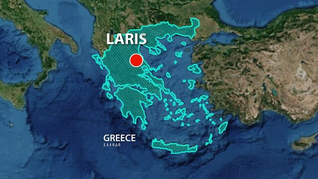 Designation of the borders of Greece on the map and the mark of the location of the city of Larisa
