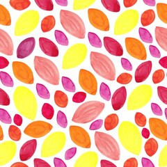 Watercolor shapes on white seamless background. Yellow, orange, pink, red and violet colors.