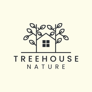 tree house line art logo vector template illustration design. pine tree camp logo concept