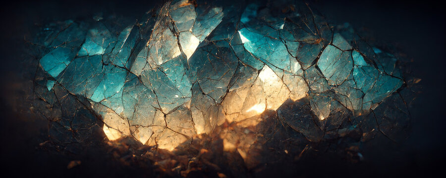 Abstarct amber fantasy Stone cracking showing a magical light within background. 3d rendering,