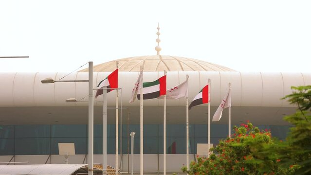 United Arab Emirates flags waving near the diplomatic building. Six flags in a row.