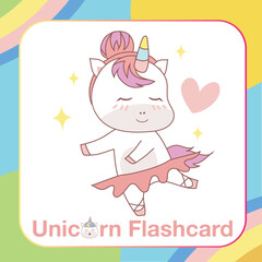 Cute Unicorn Flashcard for Children. Ready to print. Printable game card. Educational card for preschool. Vector illustration.