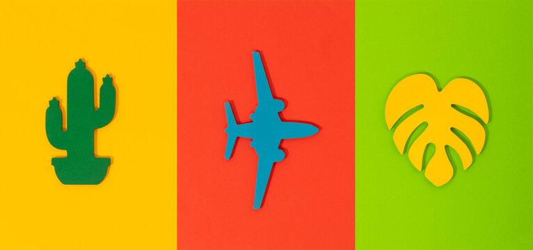 poster design symbols related to travel, adventure and vacation. colored background
