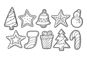Hand drawn vector doodle set of gingerbread Christmas cookies in black outline for kids coloring book illustrations.