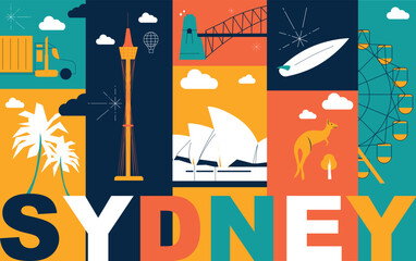 Typography word "Sydney" branding technology concept. Collection of flat vector icons, culture travel set famous architectures, specialties detailed silhouette. Australian landmark video split screen