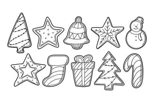 Hand drawn vector doodle set of gingerbread Christmas cookies in black outline for kids coloring book illustrations.