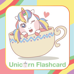 Cute Unicorn Flashcard for Children. Ready to print. Printable game card. Educational card for preschool. Vector illustration.