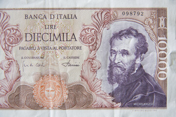 Vintage Italian banknote dated 1968. Detail 10,000 lira with portrait of Michelangelo, Italian collectible paper money. - obrazy, fototapety, plakaty