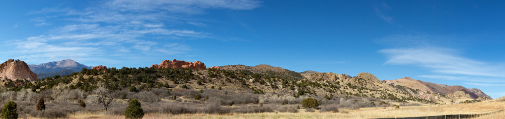 Clear blue sky panoramic view of a winter landscape in the American west, Colorado Springs, horizontal aspect