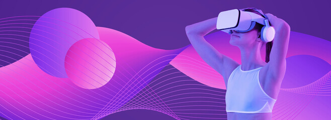 Banner of woman in virtual reality headset exploring metaverse world
