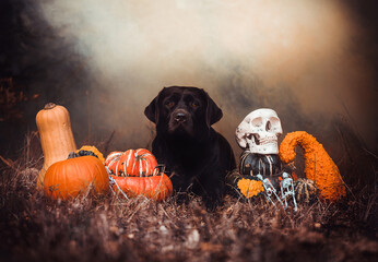 Moody halloween labrador retriever in between scary pumpkins and skeletons