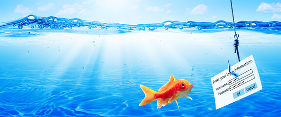 Phishing Concept - Under Water Scene With Goldfish And Login Information Attached To Large Hook 
