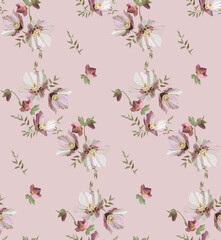 Flowers and leaves in vintage style, seamless pattern.	