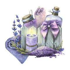 Obraz na płótnie Canvas A set of cosmetics in a wooden box with sea salt for baths and candles. Watercolor illustration. The composition of a large set of Lavender SPA. For decoration and design of menus, advertisements.