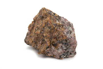 A fragment of the mineral granite is reddish in color with black and white patches