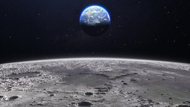 Cinematic planet earth view from the moon surface. Starry space in the background. Travel across the lunar soil with craters.