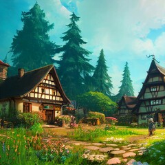 Fototapeta premium liebevoll gezeichnetes deutsches Dorf in warmen Farben,CG Kunst,Wallpaper