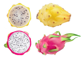 Ripe Dragon fruit, Pitaya or Pitahaya red and yellow isolated on white background, fruit healthy...