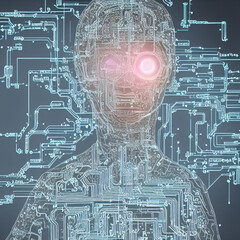 Fototapeta premium AI human android on electronic circuit board